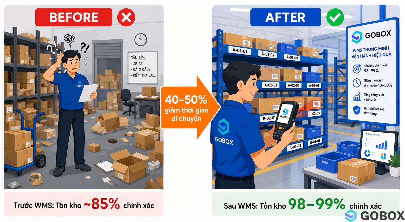 So sánh trước và sau khi triển khai WMS cho kho TMĐT: bên trái kho lộn xộn, độ chính xác tồn kho 85%; bên phải kho chuẩn hóa