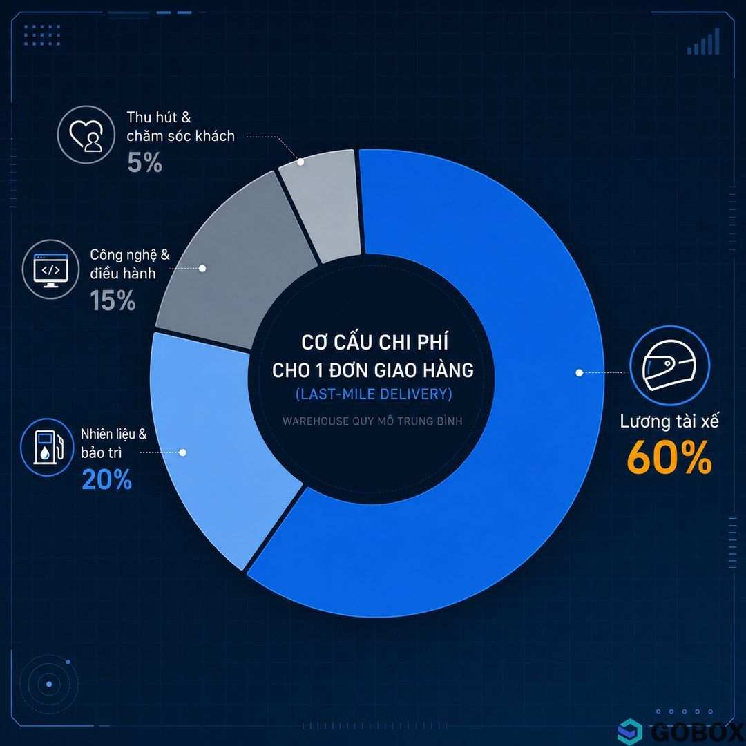 Biểu đồ donut phân bổ chi phí giao hàng chặng cuối: lương tài xế 60%, nhiên liệu và bảo trì 20%, công nghệ và quản lý điều