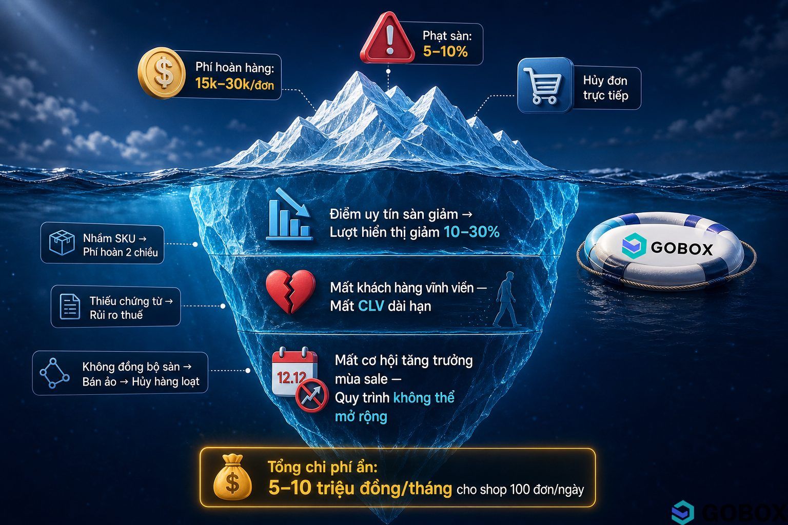 Iceberg infographic về chi phí ẩn trong vận hành kho TMĐT — ba tầng chi phí từ sai lệch tồn kho, nhầm SKU, đến mất cơ hội