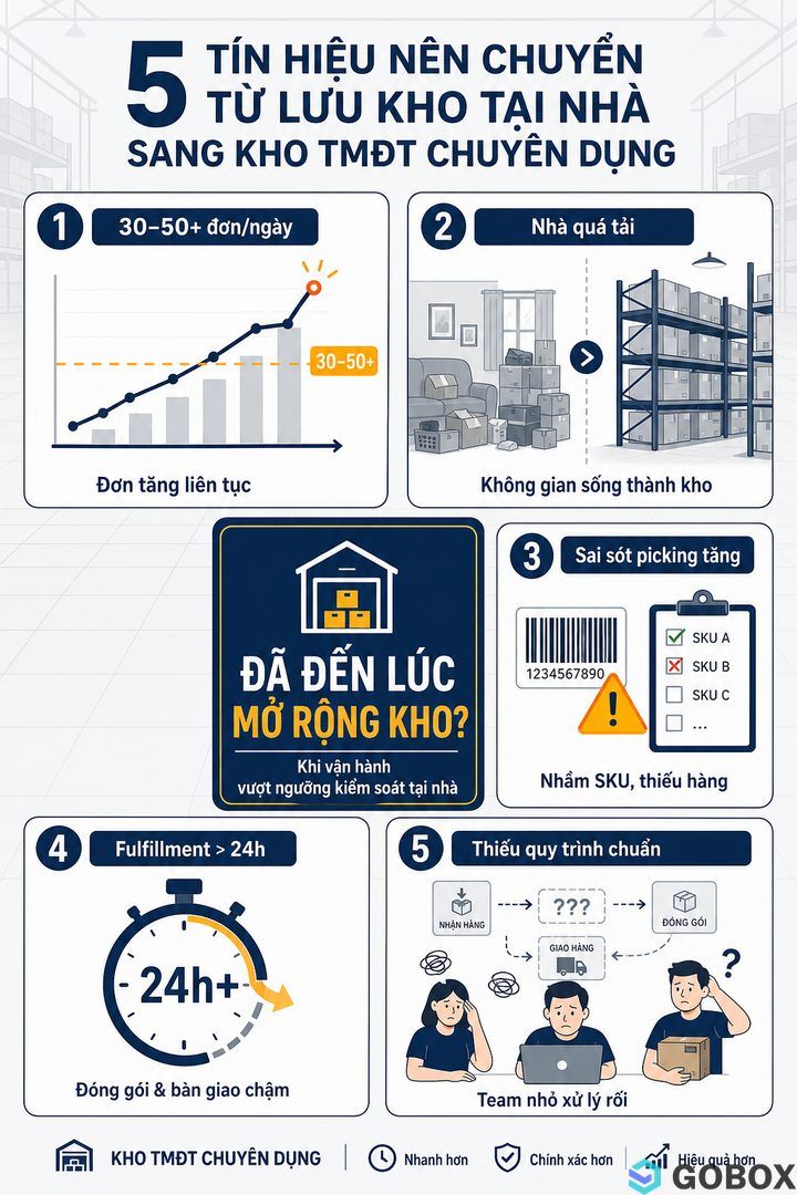 Infographic dấu hiệu cho thấy shop nên setup kho riêng, gồm đơn tăng, hàng tràn ra nhà, sai sót tăng và tốc độ xử lý chậm.