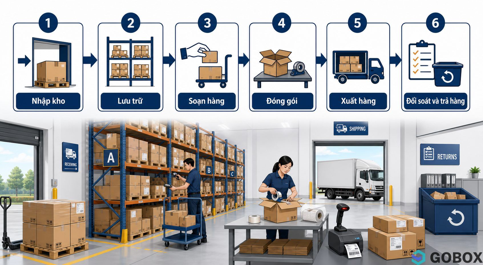 Sơ đồ 6 bước vận hành kho thương mại điện tử theo luồng một chiều từ nhập kho đến đối soát và xử lý hàng trả.