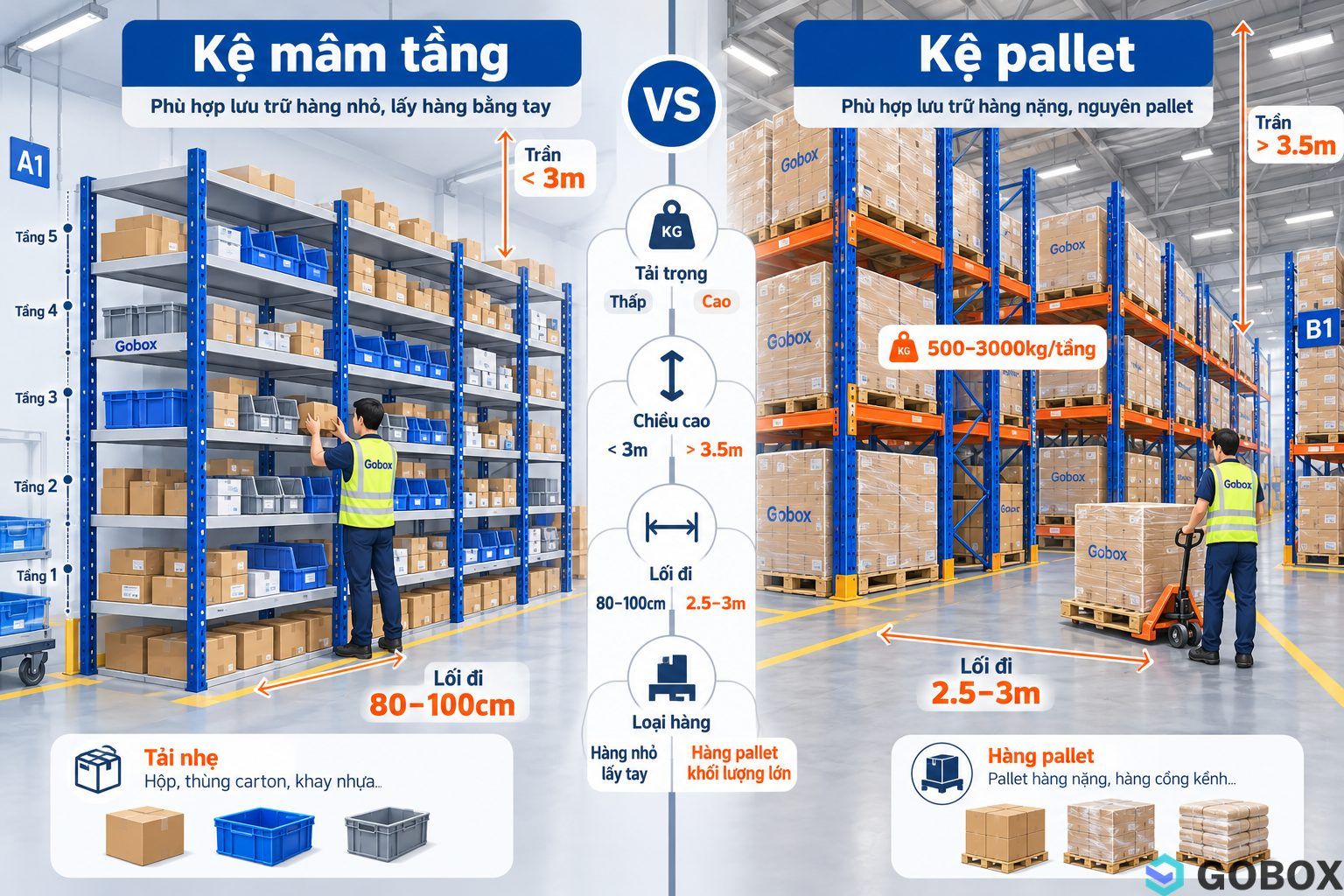 So sánh trực quan kệ mâm tầng và kệ pallet khi chọn thiết bị cần thiết khi setup kho