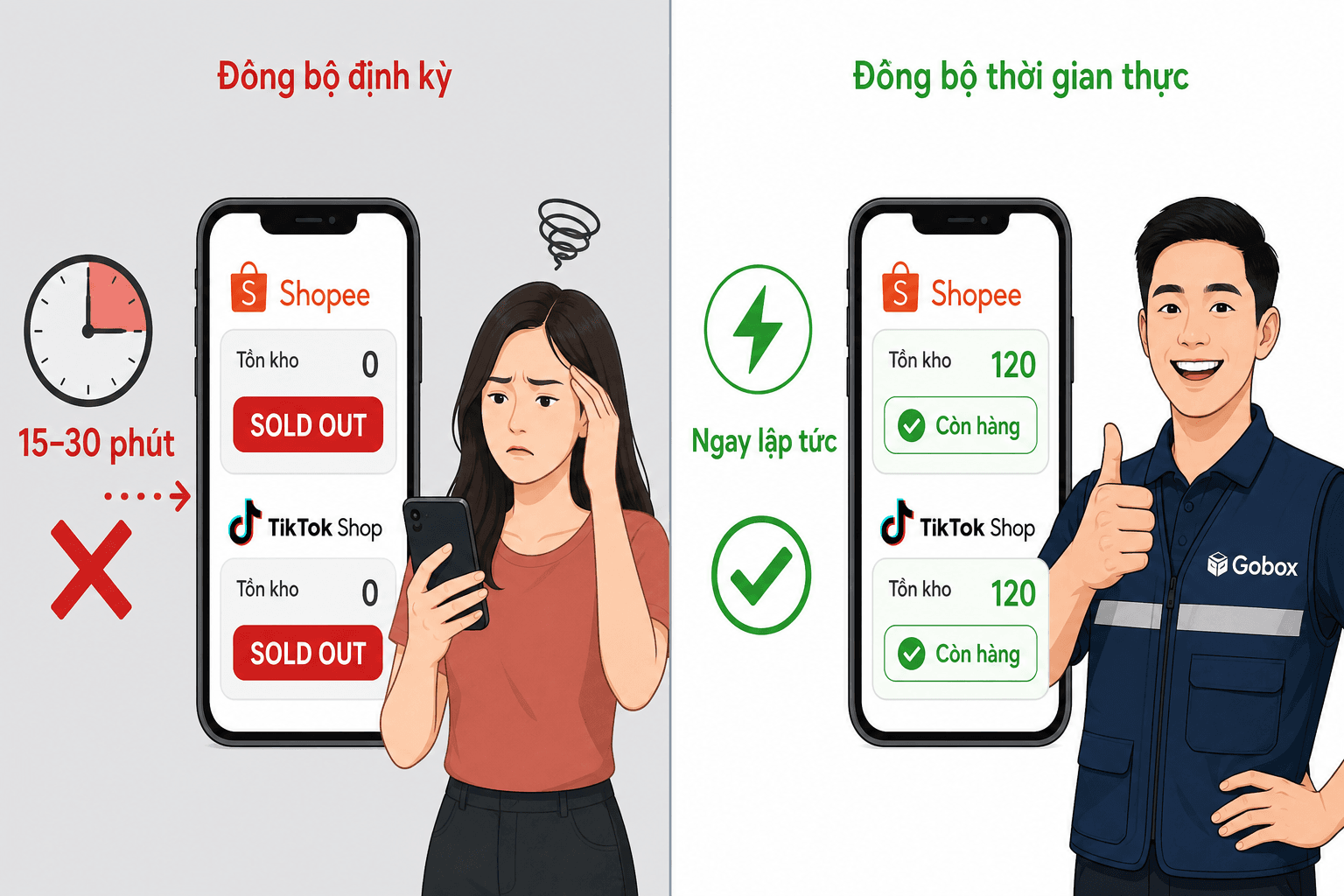 So sánh đồng bộ tồn kho định kỳ 15–30 phút (gây oversell) và đồng bộ thời gian thực (cập nhật ngay lập tức) — tính năng cốt