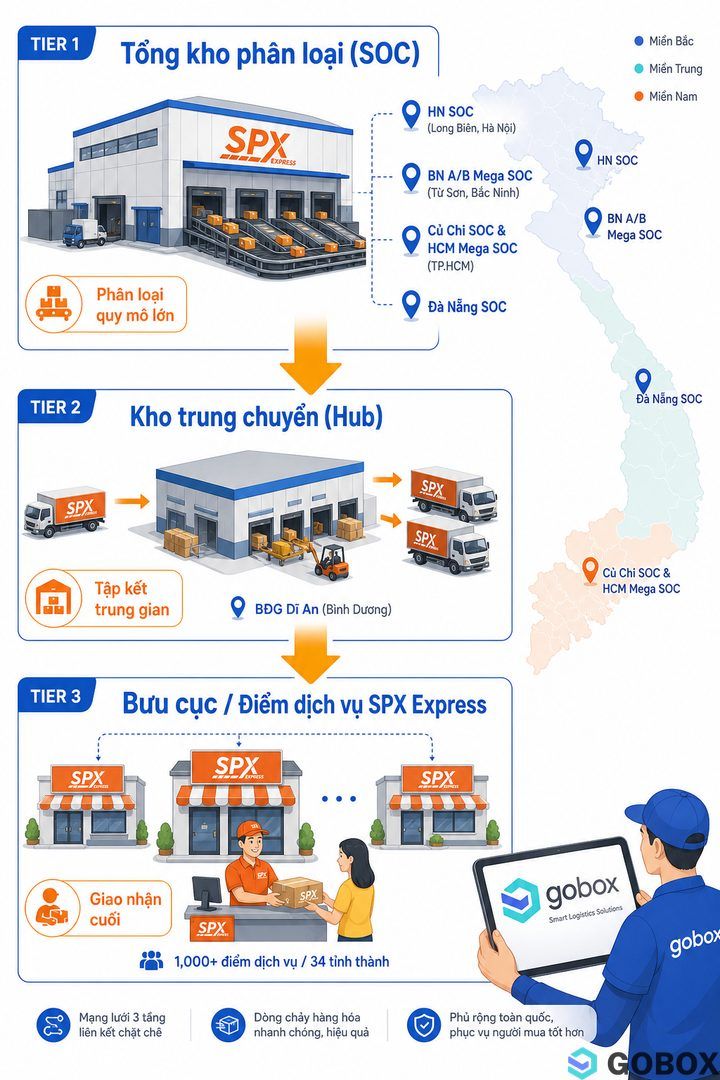 Sơ đồ 3 cấp mạng lưới vận chuyển Shopee Express: Tổng kho phân loại (SOC) tại Hà Nội, Bắc Ninh, TP.HCM, Đà Nẵng → Kho trung