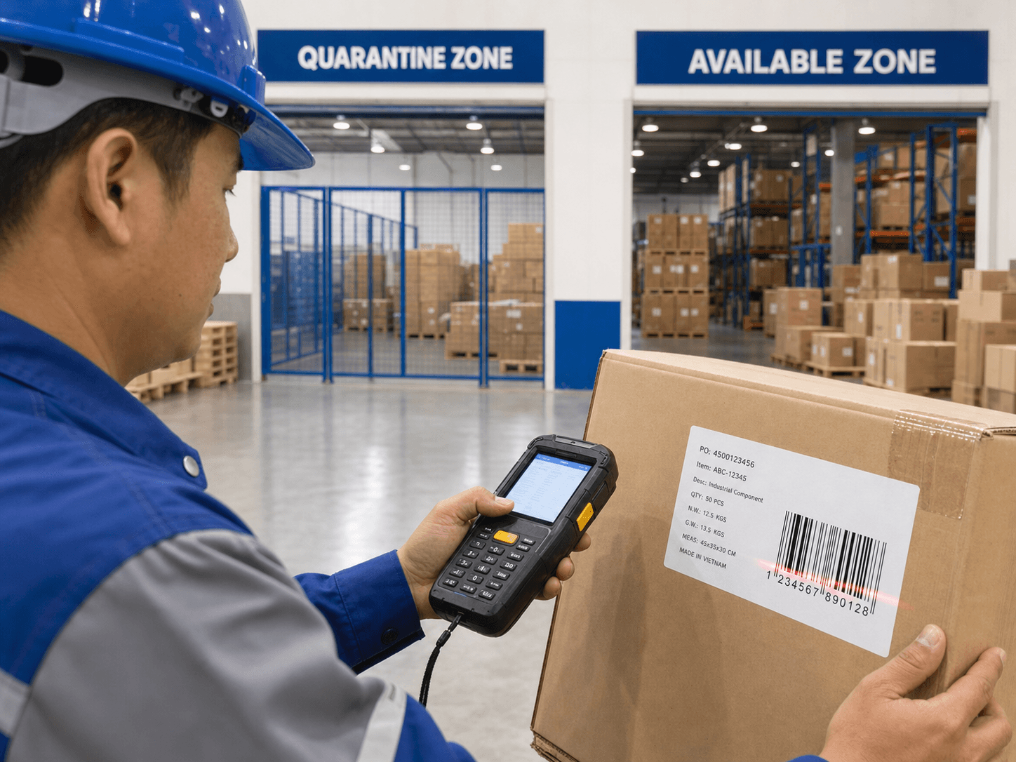 Nhân viên kho quét mã vạch kiểm tra hàng nhập bằng PDA — bước đầu tiên trong quy trình nhập kho chuẩn hóa giúp giảm sai sót
