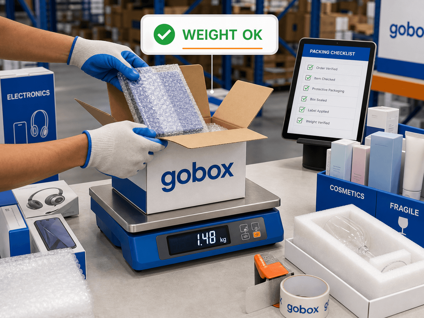 Bàn đóng gói chuẩn hóa với cân đối chiếu điện tử và checklist kiểm tra theo từng SKU — giảm lỗi đóng thiếu món và sai phụ