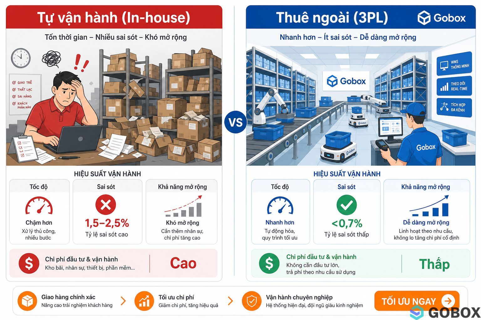 So sánh chi phí, tốc độ, tỷ lệ sai sót giữa tự vận hành và thuê ngoài 3PL.